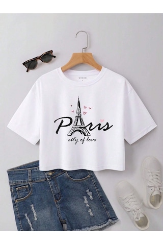 Paris City Of Love Baskılı Kadın Crop Beyaz T-shirt Beyaz-280966