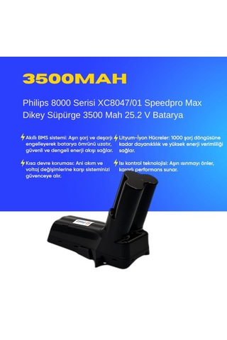 Philips 8000 Serisi Xc8047/01 Speedpro Max Dikey Süpürge 3500 Mah 25.2 V Batarya  Uyumlu Uzun Ömürlü, Maksimum Performans Pil
