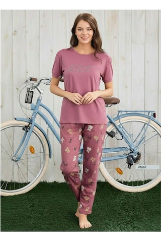 Pijamoni Kadın Milan Bisiklet Yaka Kısa Kol İnce Pijama Takımı 7605/46 - 1 Adet Nar