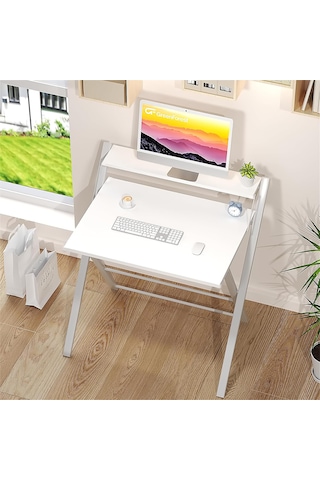 Metal Ayaklı Laptop Masası, Katlanır Çalışma Masası, Raflı Masa, Katlanır Laptop Sehpası Beyaz-beyaz