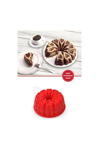 Kalp Desenli Yuvarlak Silikon Kek Kalıbı 23 Cm Kırmızı