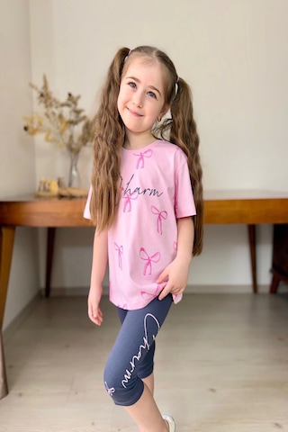 Fiyonk Desenli Kız Çocuk Pembe Renk Taytlı Takım Pembe