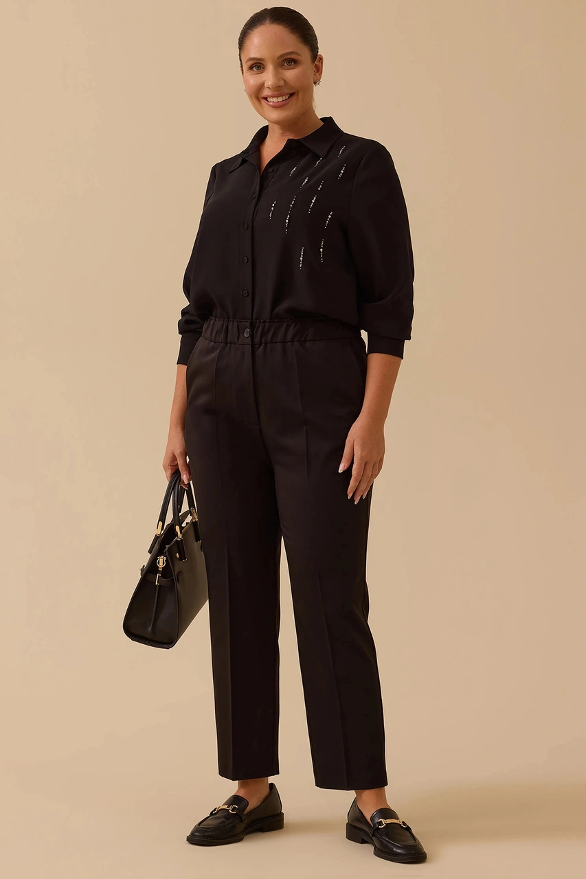 Galaxi Kadın Büyük Beden Tek Düğmeli Düz Paça Pantolon 4001 Siyah Siyah