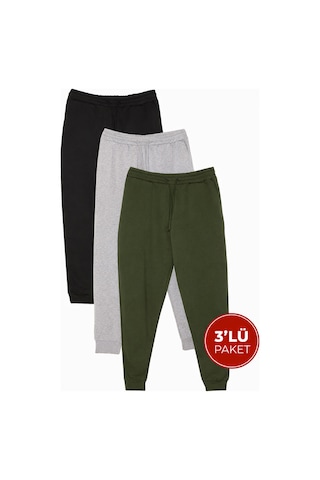 Tudors Erkek 3'lü Paket Siyah-gri-haki Regular Fit Beli Bağcıklı Jogger Cepli Lastikli Paça Eşofman Altı-41681 Çok Renkli