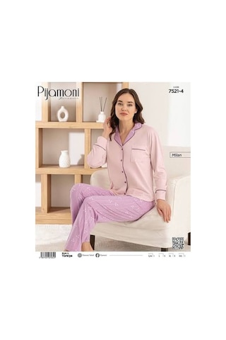 Primoda Pijamoni Bayan Milan Boydan Düğmeli Pijama Takım 7521 Pudra