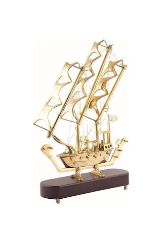 Pirinç Yelkenli Gemi Ahşap Kaideli Ev Ofis Dekorasyon 33cm