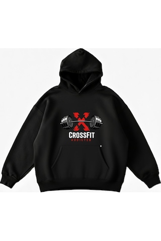 Maki Home Makiteks Siyah Pamuklu Unisex Kanguru Cepli Kapüşonlu Rahat Kesim Crossfit Baskılı Sweatshirt SiYAH