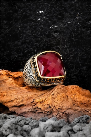 925 Ayar Gümüş Fasetli Ruby Taşlı Erkek Yüzük-8505 Gümüş