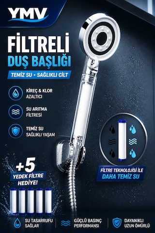 Ymv Filtreli Duş Başlığı Yüksek Basınçlı Banyo Başlığı Kireç Ve Klor Azaltıcı 5 Yedek Filtreli Su Tasarruflu Krom
