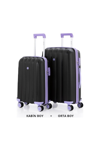 Mçs Bavul Orta Ve Kabin 2li Set Kırılmaz Silikon Valiz V305 Siyah/lila Siyah