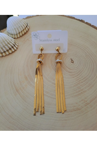 Dali Shop Zirkon Taşlı İtalyan Zincir Sallantılı Çelik Küpe Altın