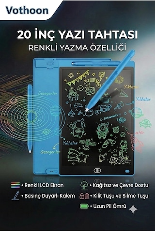 20 Inc Renkli Lcd Grafik Dijital Kalemli Çizim Tableti Yazı Tahta Not Yazma Eğitim Tableti Mavi