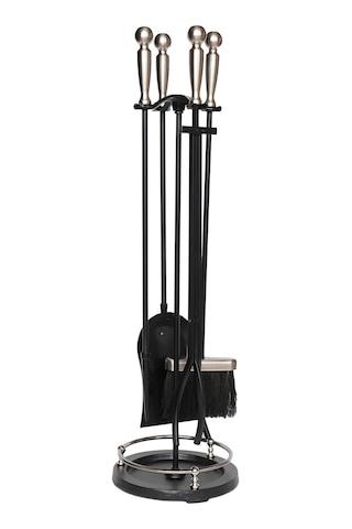 5 Li Premium İthal Döküm Gümüş Başlıklı Yuvarlak Şömine - Soba Maşa Takımı Aksesuar Seti