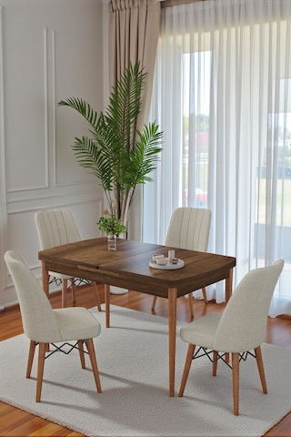 80x170cm Mutfak Masası Takımı 4 Kişilik Açılır Masa Sandalye Takımı - Ceviz Masa - Krem