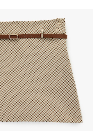Koton Slim Fit A Kesim Kemer Detaylı Mini Ekose Etek Kahverengi Ekose 6sak70050pw Kahverengi Ekoseli