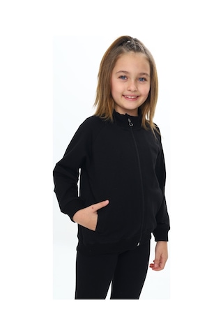Toontoy Kız Çocuk Dik Yaka Fermuarlı Cepli Reglan Kol Örme Hırka - 2 İplik Siyah