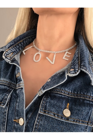 Love Aşk Kristal Taşlı Party Style Gümüş Renk Kolye Silver Çok Renkli