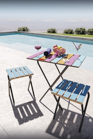 Bino Yükseklik Ayarlı Ahşap Bistro Set Kamp Masası Taburesi 3'lü Set Çok Renkli