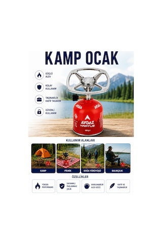 Kamp Ocağı Seti Taşınabilir Ayarlanabilir Alevli Paslanmaz Çelik 450 Gr Kartuşlu Gri-kırmızı