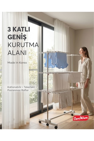 Home Lite Premium 3 Katlı Çamaşırlık Made in Korea Tekerlekli Çamaşır Kurutmalık Eco Gri