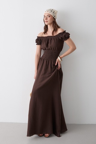 Kahverengi Büzgülü Elbise - 2002 Kahverengi