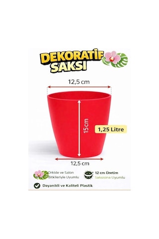 Dekoratif Saksı 12.5 Cm Canlı Kırmızı Renk 1.25 Lt Orkide Ve Salon Bitkileri Için
