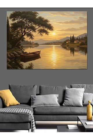 Sakin Göl Gün Batımı Dekoratif Kanvas - Mdf Ahşap Tablo
