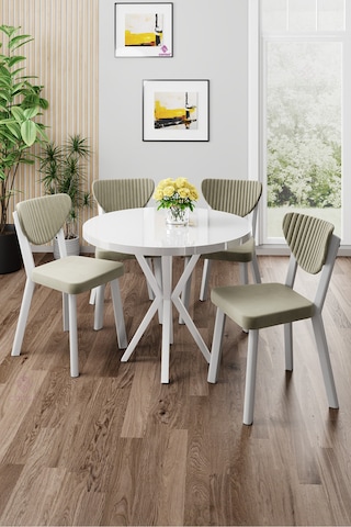 Canisa Agnes Serisi 90x90 Yuvarlak Beyaz Masa Takımı Ve 4 Krem Sandalye Masa Beyaz Sandalyeler Krem