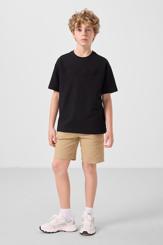 Siyah-koyu Bej Pamuklu Oversize Fit Dokuma Hafif Esnek Chino Erkek Çocuk Şort Takım - 11279 Siyah