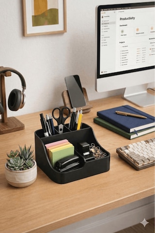 Masaüstü Ofis Düzenleyici Organizer - Çok Bölmeli Kalemlik Ve Notluk Kutusu - Siyah