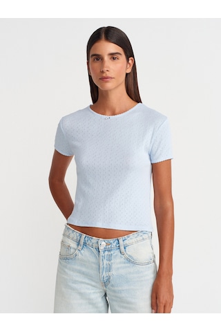 Dilvin 31795 Fiyonk Detaylı Kısa Kollu Kontrast T-shirt-açık Mavi Açık Mavi