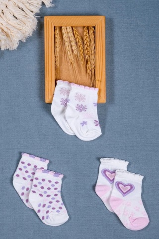 Cocole Socks Kız Bebek Soket Çorabı 3 Lü Set Pamuklu Kalp & Çiçek Desenli Çok Renkli