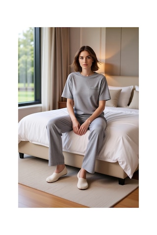 Ersefa Kadın Bisiklet Yaka Kalp Nakışlı Pijama Takımı Fonksiyonel Dayanı Gri Melanj