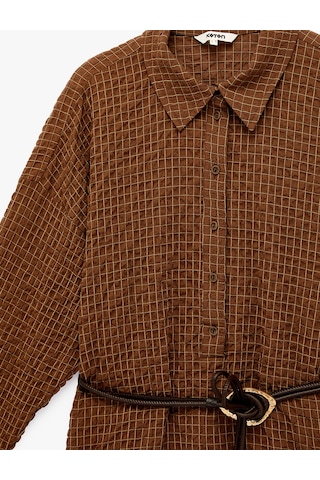 Koton Regular Fit Uzun Kollu Kareli Kemerli Gömlek Kahverengi Ekose 6sak60112ew Kahverengi