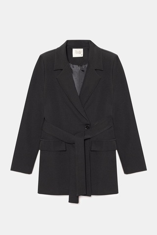Sââde Kadın Tek Düğmeli Dokuma Kruvaze Blazer Ceket - Kuşaklı Siyah