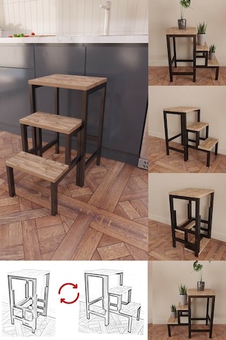 Hidden Folding Çok Amaçlı Katlanır Merdiven Çiçeklik Sehpa Siyah