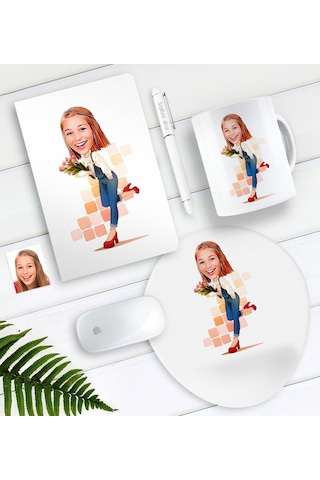 Kişiye Özel Bayan Karikatürlü Defter Kalem Kupa Mouse Pad Seti-13