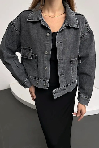 Moda Çift Cep Beli Düğme Detaylı Denim Ceket Gümüş