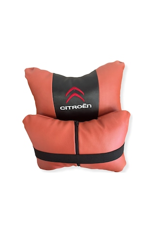 Citroen Nakışlı Ortopedik Lüks Araç Seyahat Deri Oto Boyun Yastığı İkili Kahverengi Oto Yastık Siyah