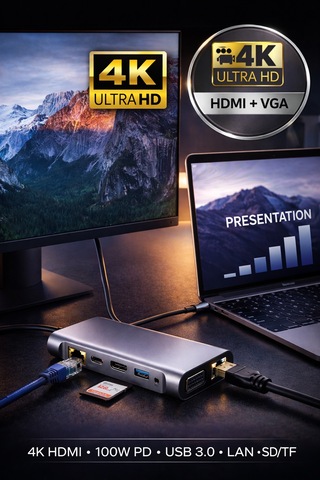 11in1 Type-c Hub Usb 3.0 Hdmı 4k Vga Lan Sd/tf 100w Pd Çoklayıcı Adaptör Dönüştürücü