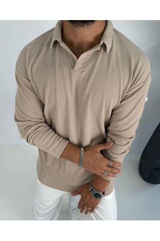 La-boum Polo Yaka Bürümcük Uzun Kol Sweatshirt Bej