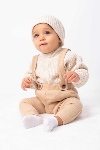 Bebicix Triko Kazak Oversize Esnek Salopet Bereli Unisex Bebek Takım Bej