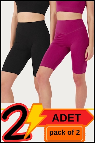 Kadın Yüksek Bel Toparlayıcı Kısa Siyah &mürdüm Şort Tayt 2'li Paket Lycralı Biker Shorts 21077 Siyah - Mürdüm