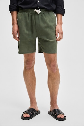 Grımelange LEYTON Erkek Relaxed Fit Çift Cepli Beli Lastikli Keten Karışımlı Dokuma Haki Şort & Bermuda