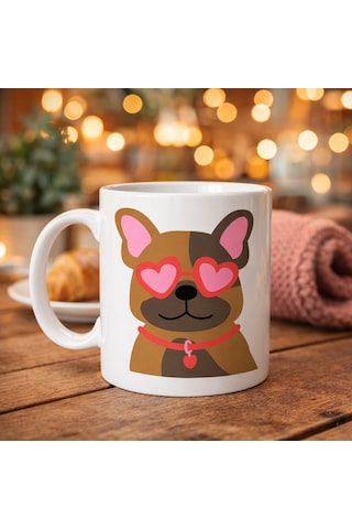 Sevimli French Bulldog Desenli Porselen Kupa Model 48 Kalpli Gözlüklü Köpek Tasarımı, Hediye Kupa, Kahve & Ça Diğer