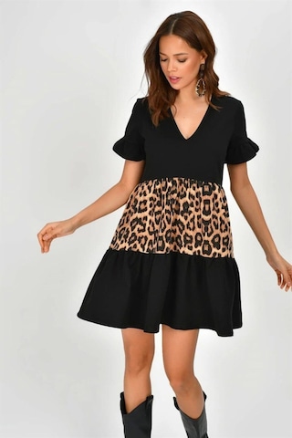 Aqe Fashion Kadın V Yaka Leopar Desenli Bloklu Elbise Leopar & Siyah Leopar