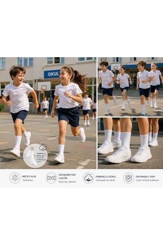 Km Collections Çocuk Tenis Çorabı 6 Çift Pamuklu Beyaz