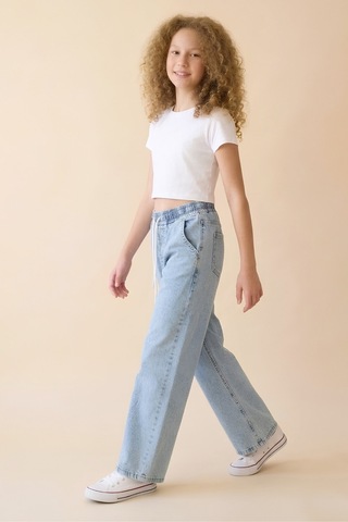 Modanino Kız Çocuk Beli Lastikli Ve Kordonlu Geniş Kesim Jean Pantolon 7-15 Yaş 12679sk Mavi