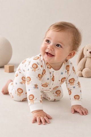 Luppinos Soft Dream Geniş Kalıp %100 Pamuk Aslan Baskılı Çıtçıtlı Tulum Beyaz