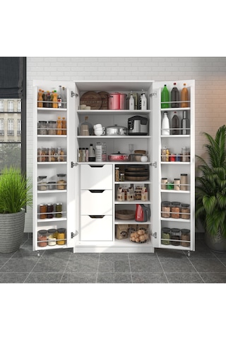 165 Derece Açılabilir 2 Kapaklı, 3 Çekmeceli, Kavanoz Raflı Kiler Ve Erzak Mutfak Dolabı Beyaz